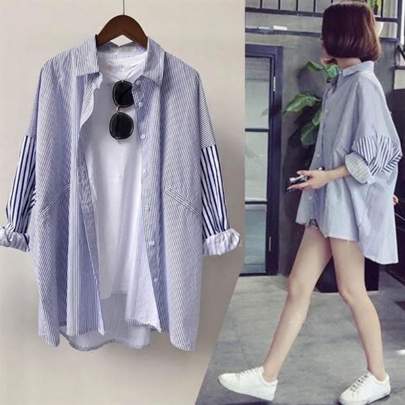 Women's Clothing Autumn striped shirt women's mid length long sleeved large size student versatile loose boyfriend style jacket village clothes_voghion.com