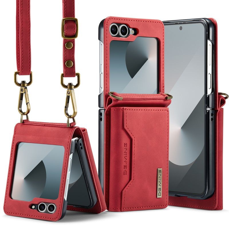 Custodia pieghevole M2 per Samsung Z Flip6 Custodia per telefono con portafoglio per carte Custodia protettiva in pelle con tracolla Z Flip6_voghion.com