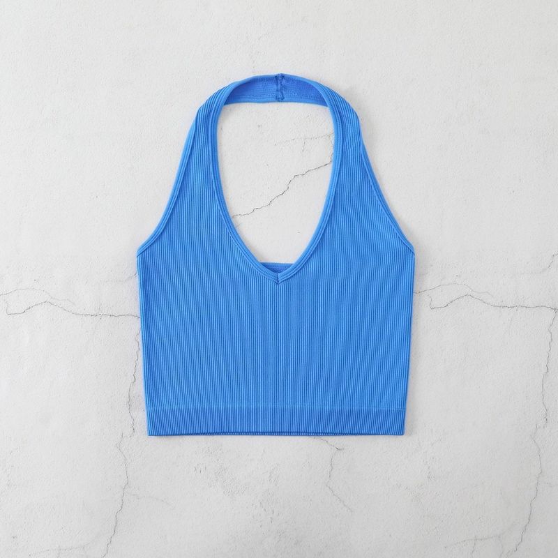 Neckholder-Body-Shaping-Unterwäsche für Fitness und Yoga, V-Ausschnitt, rückenfreies Camisole, gerippt, Bonbonfarbe_voghion.com