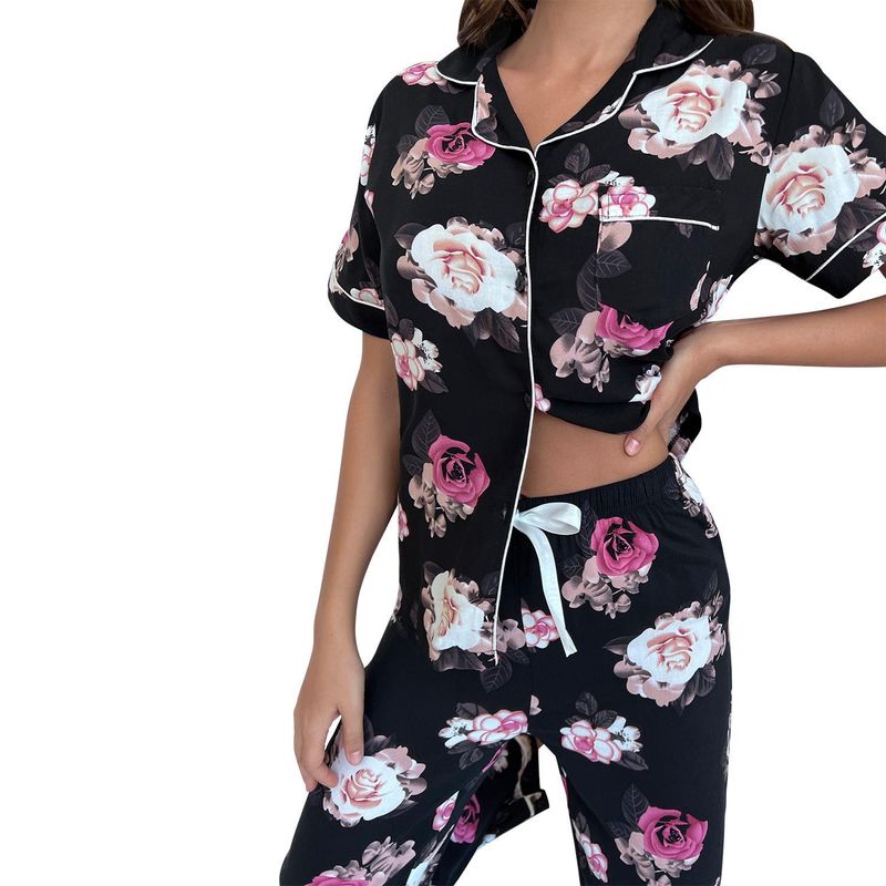 Pyjama Dames Zomer Plantenprint Korte Mouw Shirt Lange Broek Tweedelige Set Huiskleding Pamas_voghion.com