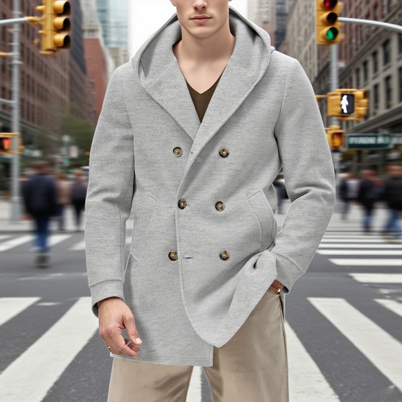 Autumn Solid Color Mid-Length Double-Breasted Trench Coat Men's Casual Turn-Down Collar Hooded Overcoat_voghion.com