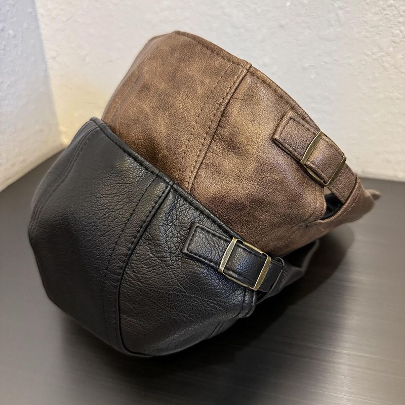 Cappelli da donna retrò in pelle PU, tinta unita, cappello a punta per autunno e inverno, berretto a rete con personalità di celebrità, cappello a becco d'anatra invertito per uomo_voghion.com