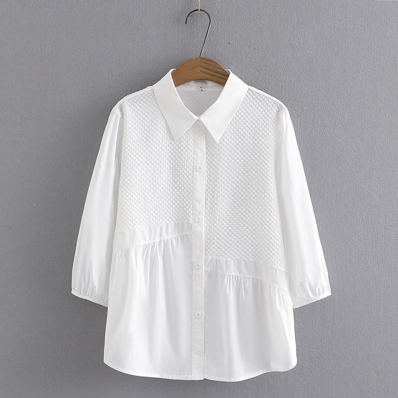 Camicia da donna con cuciture a quadri a bolle maniche a tre quarti di grandi dimensioni femminile 200 libbre camicia estiva di nicchia grasso cardigan con personalità MM _voghion.com