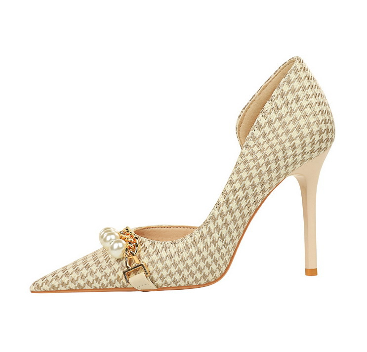 Chaussures pied-de-poule ajourées, version coréenne, à carreaux hauts, peu profonds, avec chaîne en métal et perles, talons ultra-hauts, 8829-1_voghion.com