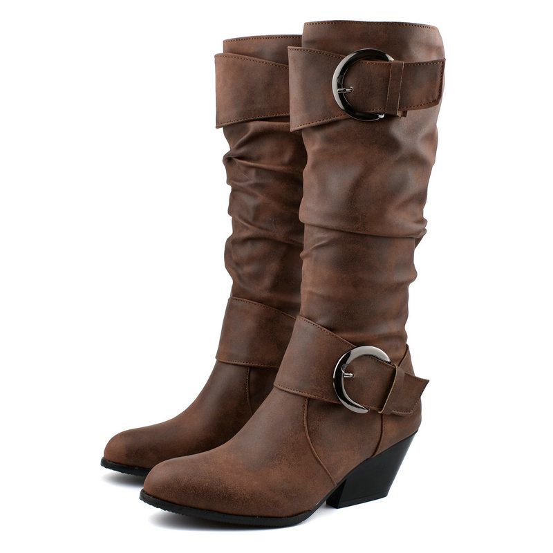 【Pre-sale | Ships In 15 Days】Women's Shoes PU High Top Boots With Chunky Heels And Buckles, Women's Shoes And Boots, Wish Fashion Riding Boots._voghion.com