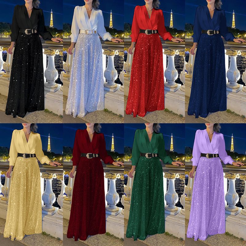 Moteriški drabužiai, nauji madingi V formos iškirptės ilgomis rankovėmis marškiniai, elegantiški, juosmenį liekninantys, liekninantys blizgučiais puošti plačios kelnės su diržu_voghion.com