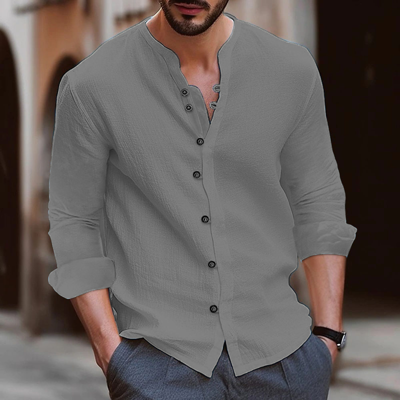 2024 New Men's Solid Cotton And Casual Button Long Sleeved Shirt_voghion.com