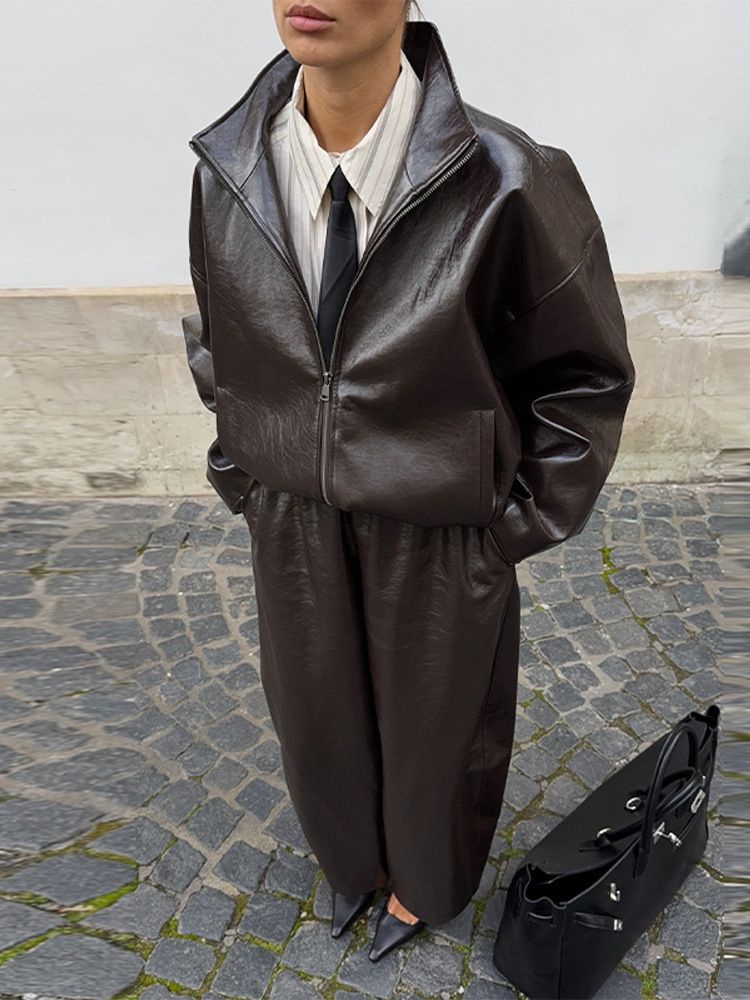 Hochglänzendes PU-Lederjacken- und Rockset, Stehkragen-Biker-Outfit mit Reißverschluss, Streetwear-Zweiteiler (Rot/Grün/Braun, S/M/L)_voghion.com