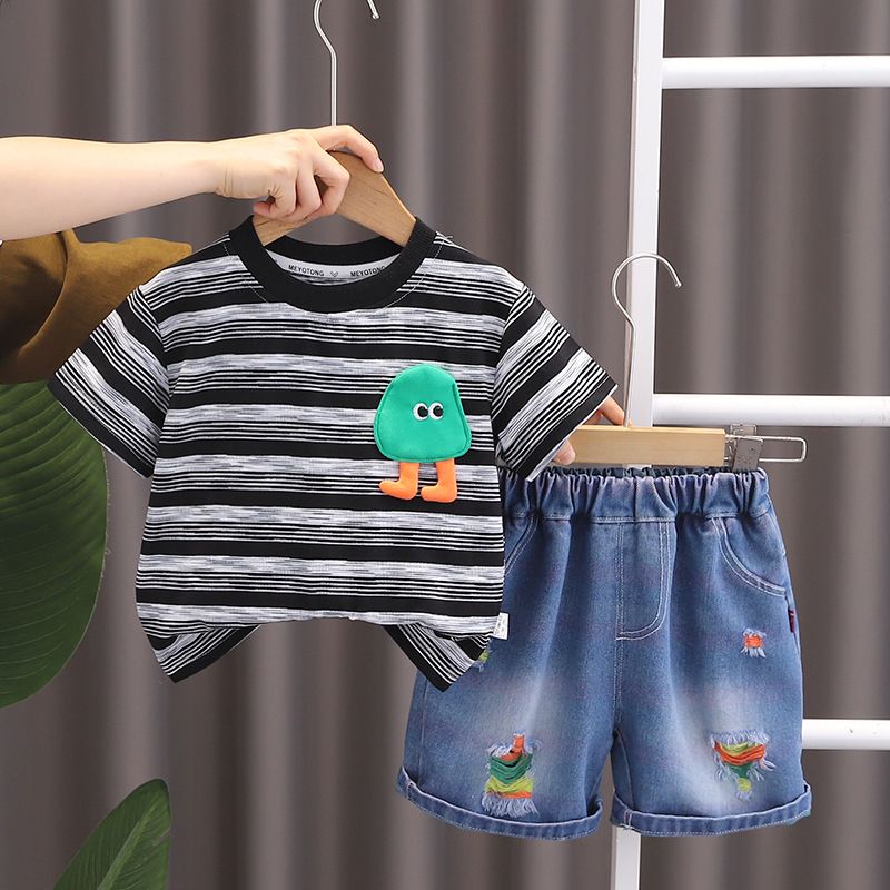 2024. aasta suvine uus poiste ja tüdrukute moodne triibuline lühikeste varrukatega kaheosaline beebikauboi lühikeste pükste komplekt_voghion.com