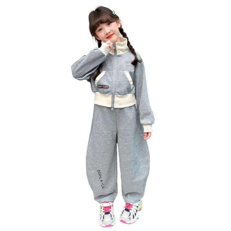 Ensemble deux pièces cardigan pour fille 2024 nouvelle petite veste polyvalente à col montant de style occidental tenue ample de printemps et d'automne_voghion.com