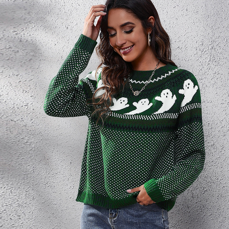 "Maglione oversize a pois con maniche a lanterna e motivo fantasma di Halloween Y2K 2025 | Streetwear per festival europei"_voghion.com