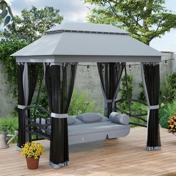 3-Seat Patio Swing Chair With Double Tier Canopy, Porch Swing Chair With Stand, Mesh Sidewalls, Cushioned Seat And Pillows, Gray_voghion.com