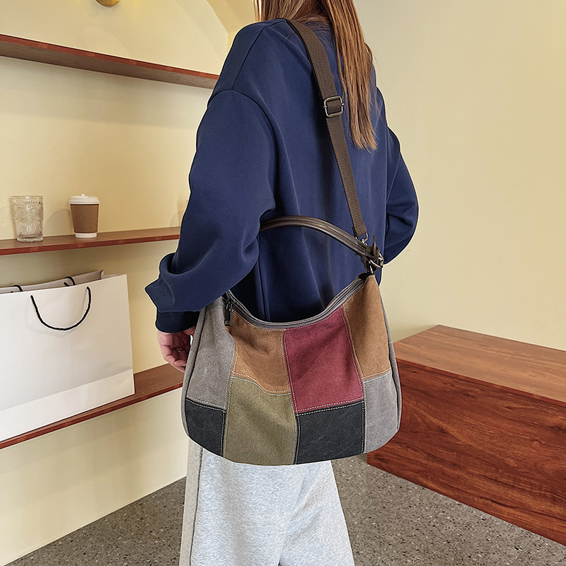 Fashion Bag For Women, Single Shoulder, Color-Block, Large Capacity Canvas Bag, Patchwork Handbag_voghion.com