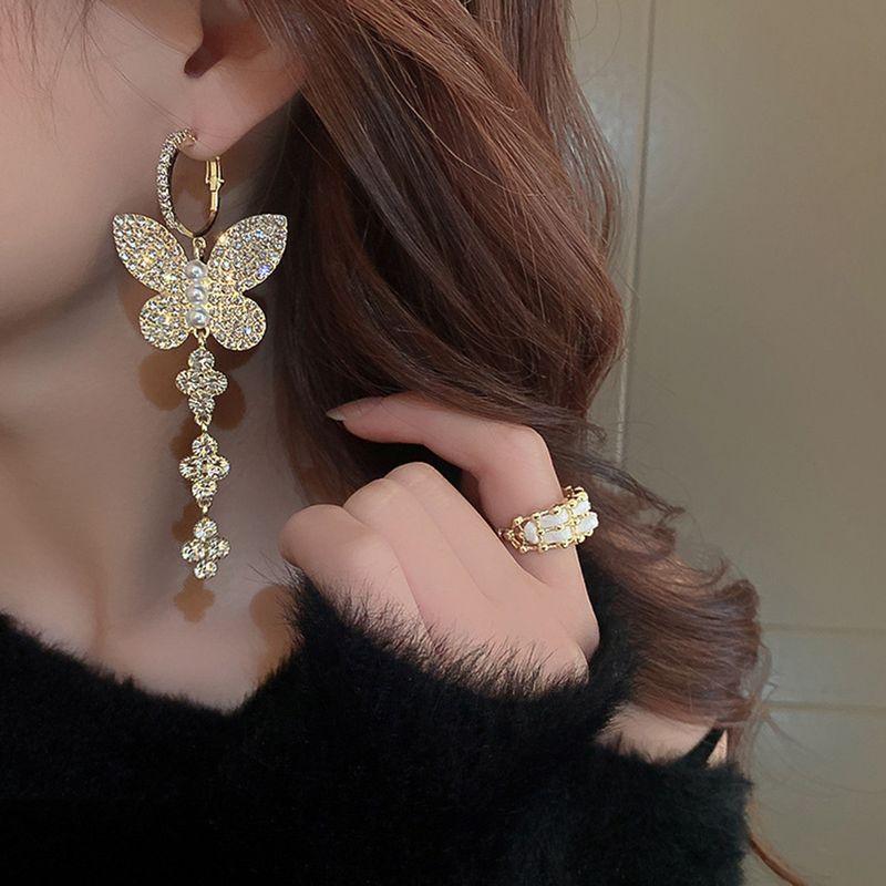 Yamaler 1 paio di ganci da donna, squisite perle d'imitazione, brillanti, con strass, a forma di farfalle, orecchini pendenti, gioielli femminili_voghion.com