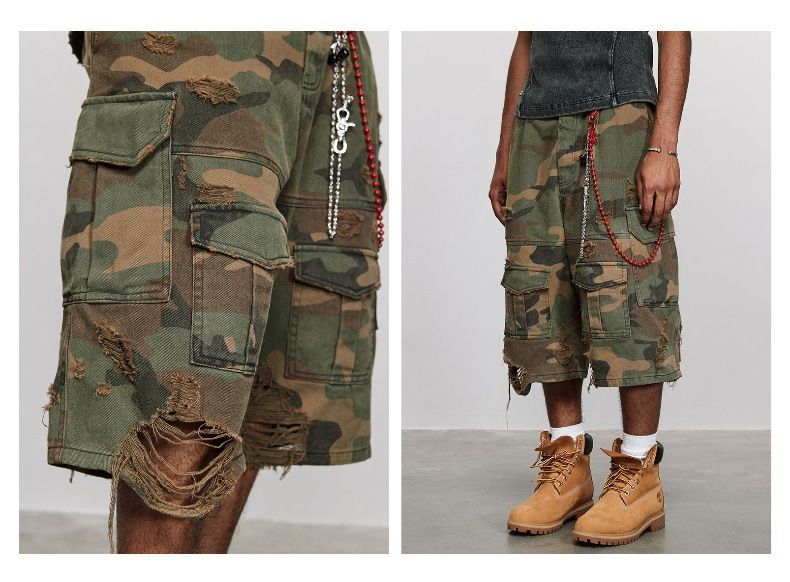 Herrenbekleidung Stonewashed Washed Distressed Cropped Pants Overalls Lockere Shorts mit weitem Bein_voghion.com