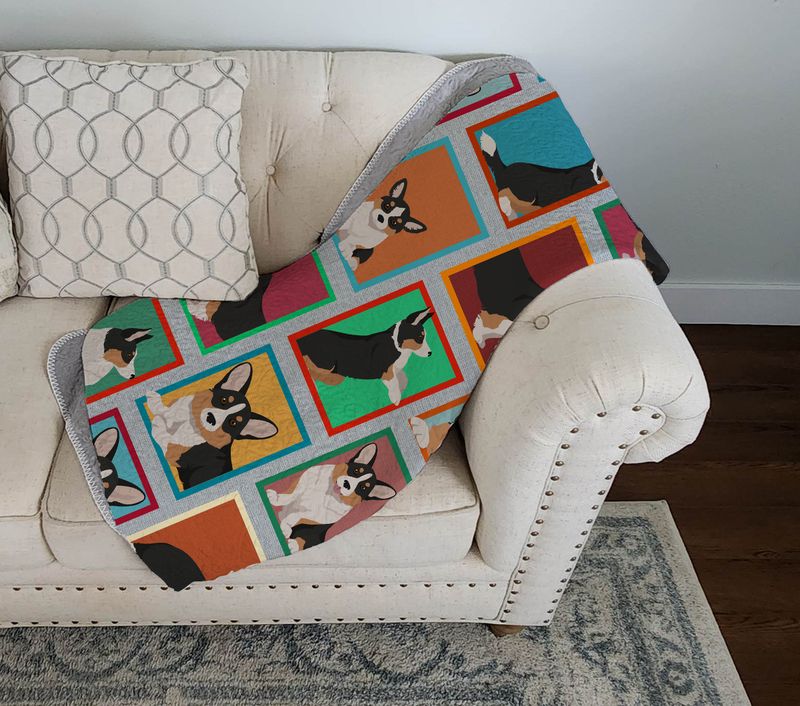 Lots of Tricolor Cardigan Corgi Quilted Blanket 50x60 Artwork Pattern Quilted Throw Blanket for Bed, Couch, Sofa, Soft and Lightweight_voghion.com