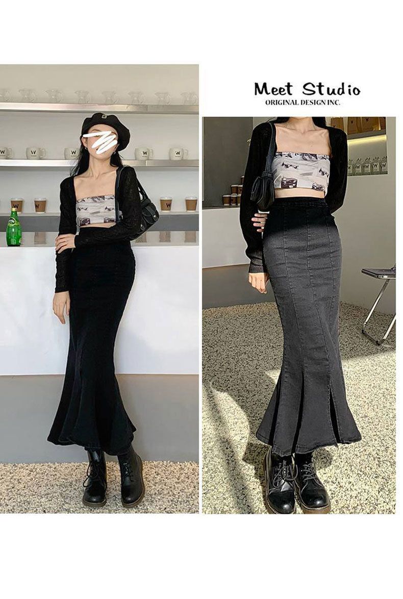 Jeans elástico pequeno com babados para mulheres na primavera, cintura alta preta, nádegas envolvidas, rabo de peixe, fenda no comprimento médio_voghion.com
