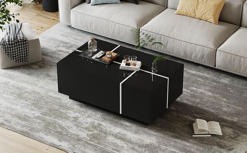 Table basse carrée noire moderne 100 x 60 x 40 cm, finition patchwork brillante, 4 tiroirs et plateau coulissant, supporte jusqu'à 30 kg._voghion.com