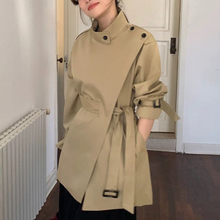Waist-Cinching Irregular Korean Style Stand Collar Short Trench Coat Women 2025 Autumn New Loose Slimming Top_voghion.com