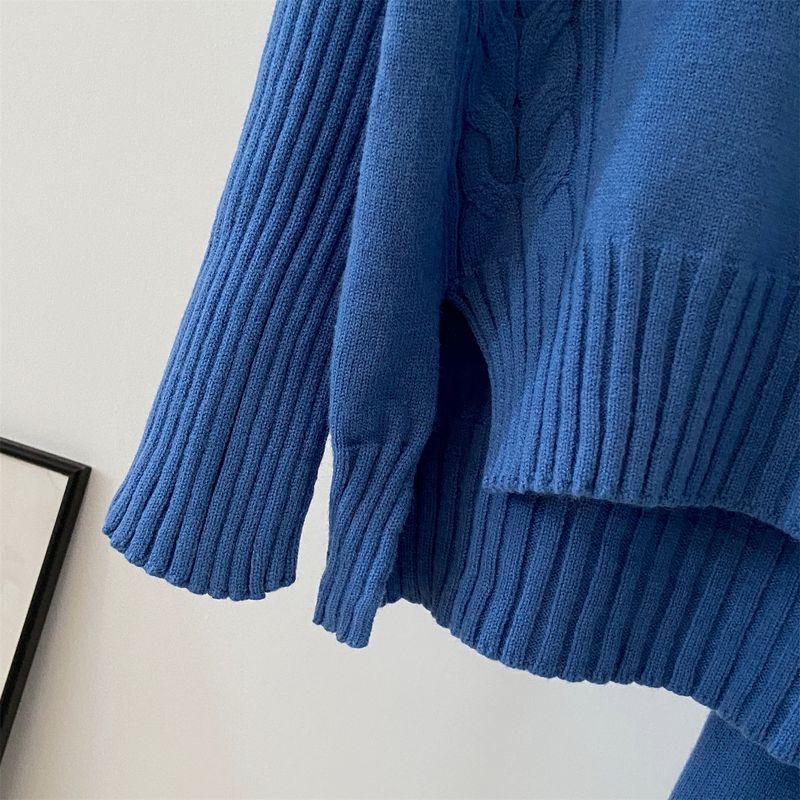 Dametøj strikkede jakkesæt, temperament, afslappet, split design, højhalset sweater, ensfarvede brede benbukser, todelt jakkesæt_voghion.com