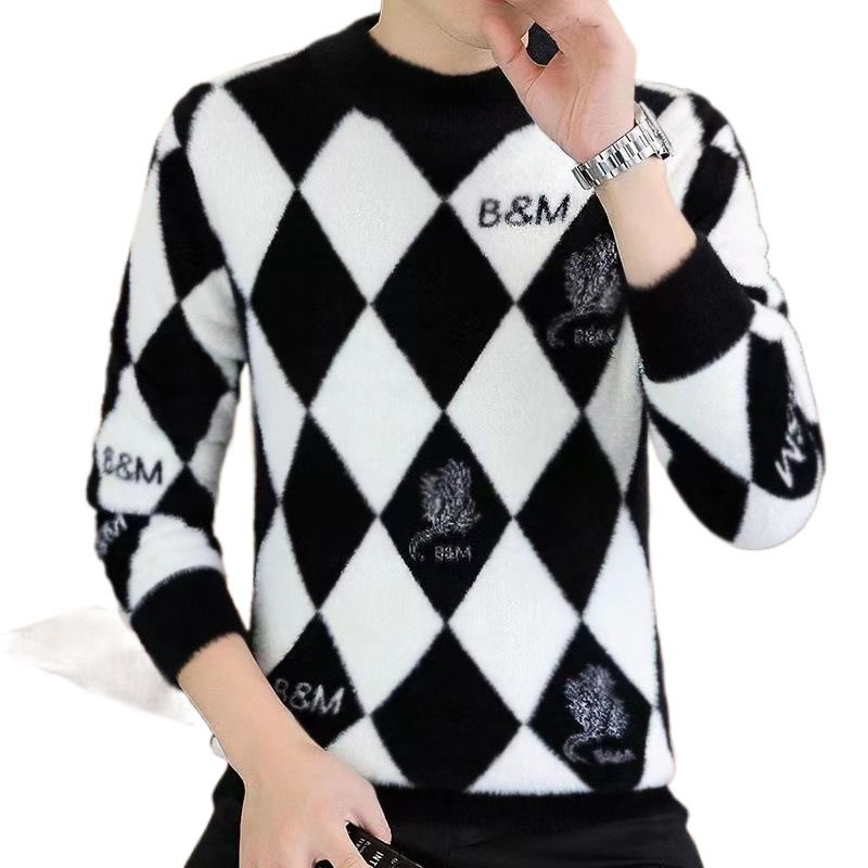 Suéter nuevo para hombre, cuello medio alto, suéter de base de punto a cuadros de otoño e invierno, chaqueta cálida engrosada de alta gama,_voghion.com