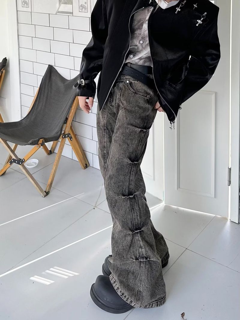 Men's Clothing Retro Old Wasteland Style Vintage Washed Distressed High Street Jeans For Men - Retro Wide Leg Trousers With Wrinkled Texture_voghion.com