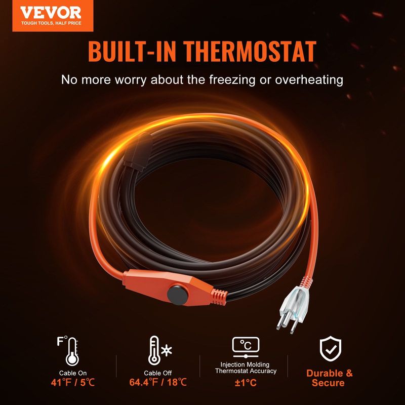 Pipe Heating Cable 30FT 7W/FT Heat Tape For Pipes With Built-in Thermostat_voghion.com