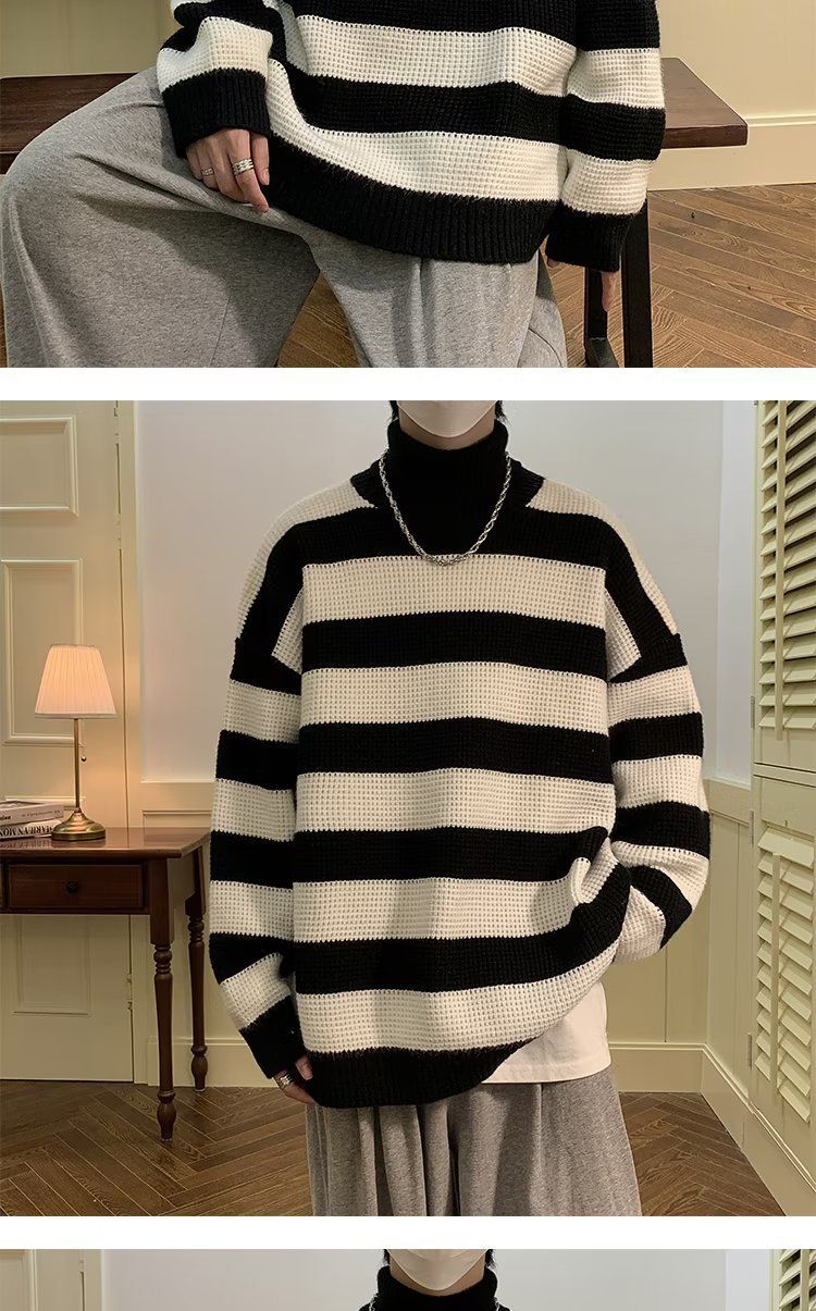Maglione a collo alto a righe bianche e nere per uomo, stile retrò giapponese, pigro e di alta qualità. Maglione lavorato a maglia con inserti a contrasto_voghion.com