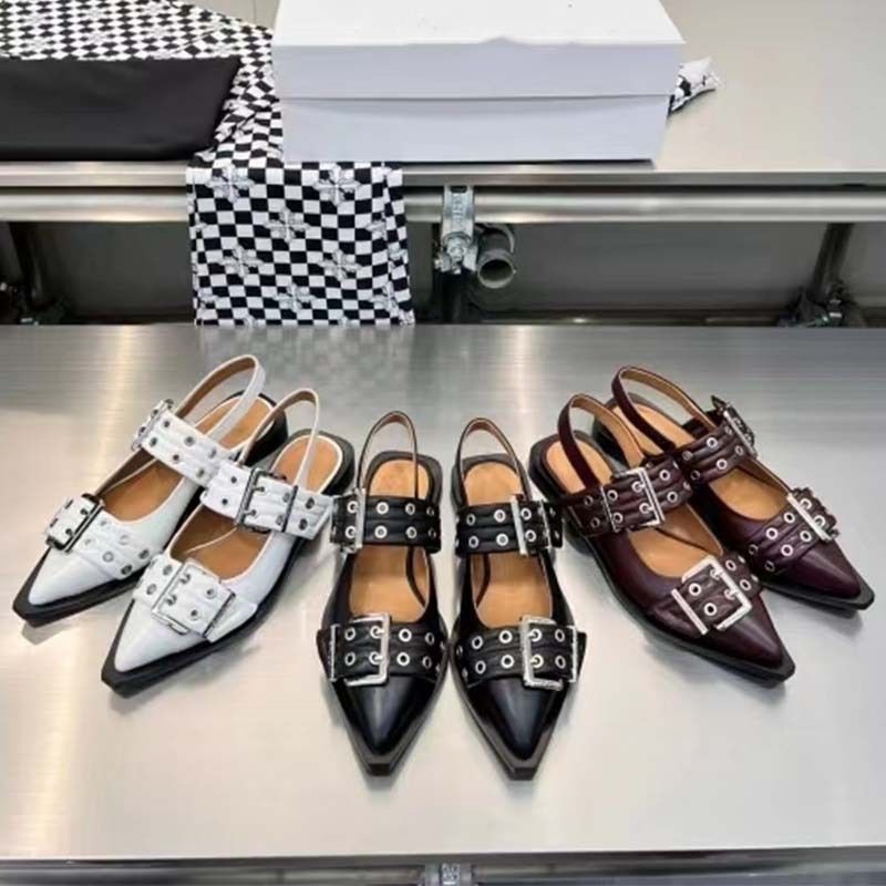 2024 Frühjahr/Sommer Neue Spitz Gürtel Schnalle Muller Echtes Leder Flache Unterseite Mary Jane Zurück Air Sandalen frauen Single_voghion.com