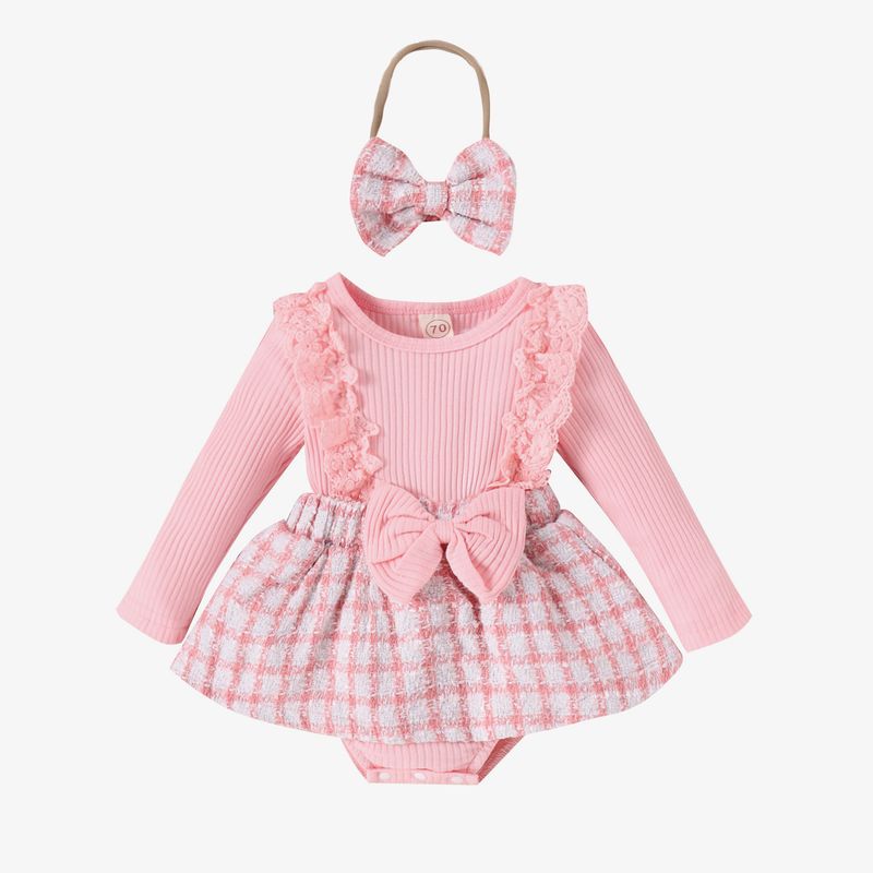 Abbigliamento per bambini piccolo vento profumato autunno inverno bambina gonna in pizzo a maniche lunghe in pizzo patchwork intrecciato abito con fiocco Ha_voghion.com