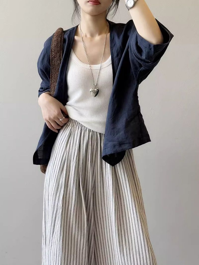 Giacca da donna in lino e cotone vintage, camicetta boho oversize a maniche lunghe, copricostume estivo leggero, top con protezione solare_voghion.com