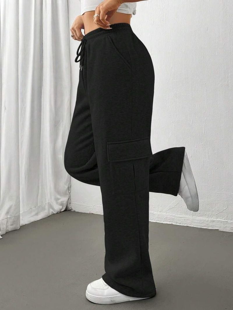 Pantalones cargo para mujer, estilo jogger, cintura alta, cordón ajustable, pierna ancha, informales, con múltiples bolsillos, estilo urbano, negro/beige/gris claro._voghion.com