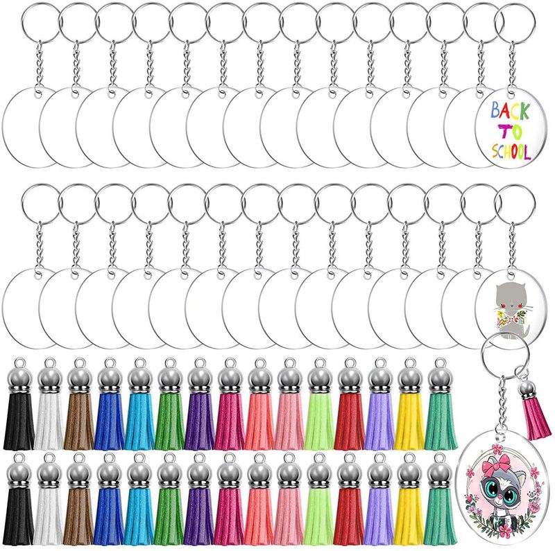 Conjunto de combinação de chaveiro acrílico transparente com borla de couro colorido, presente chave DIY para festa_voghion.com