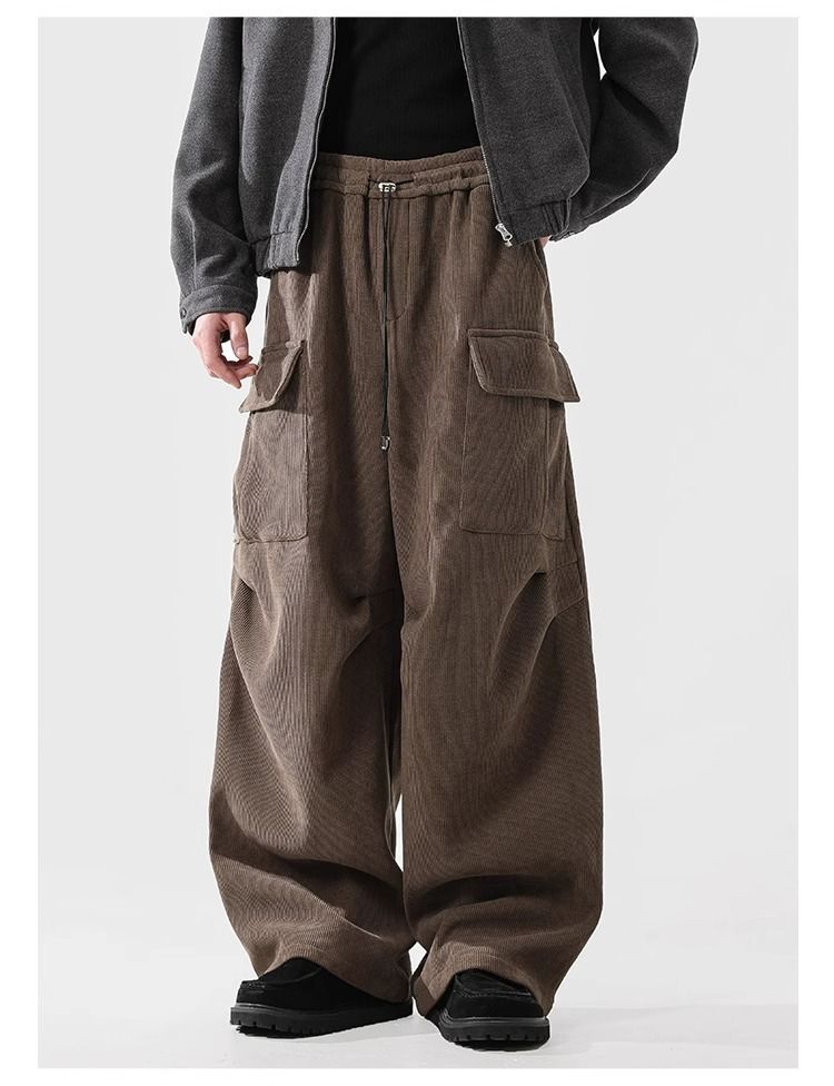 Corduroy Cargo Pants With Fleece Lining – High Waist, 65% Polyester, Drawstring Closure, Black/Khaki, S-XXL (Unisex Winter)_voghion.com