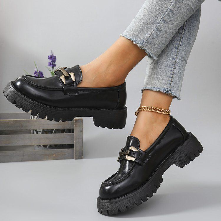 Große, dicke schwarze Lederschuhe mit kleiner Sohle für Damen, neue Slip-on-Arbeitsschuhe mit Metallschnalle_voghion.com