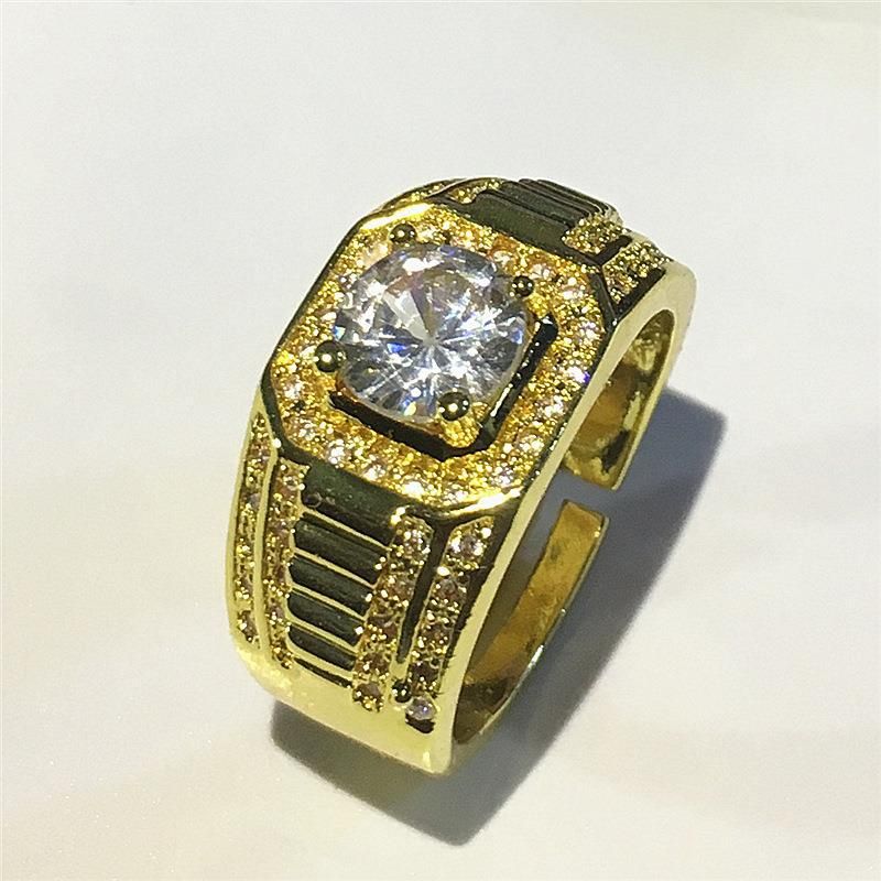 Vergulde, dominante, volle diamanten ring, zakelijke herenring, kleurbehoudende verlovingsring met dubbele rij diamanten_voghion.com