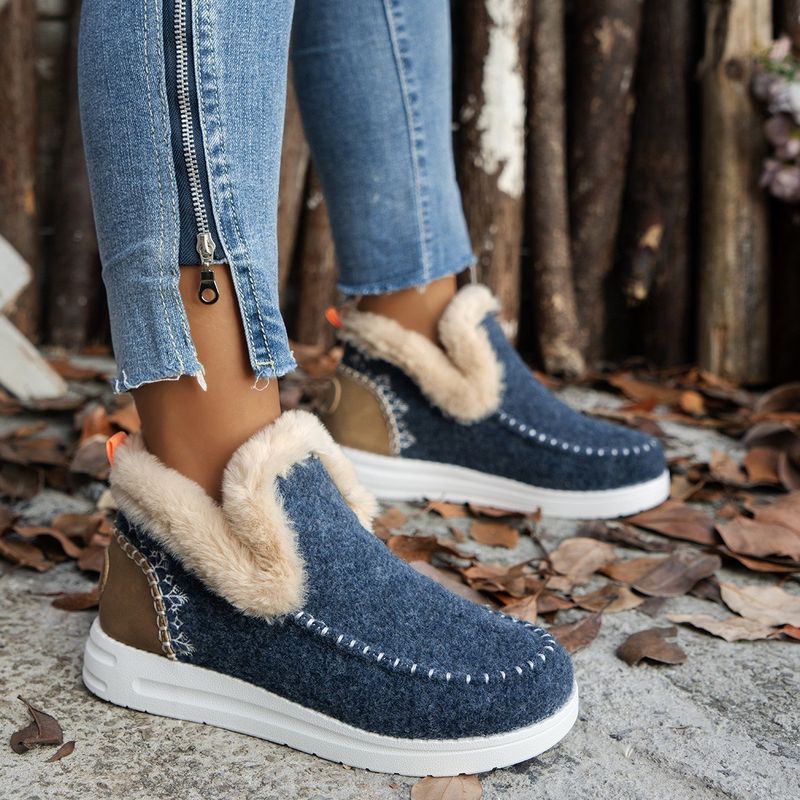 New Snow For Women, Warm And Plush Flat Bottom Color Blocked Short Tube High Top Size 43 Women's Boots_voghion.com
