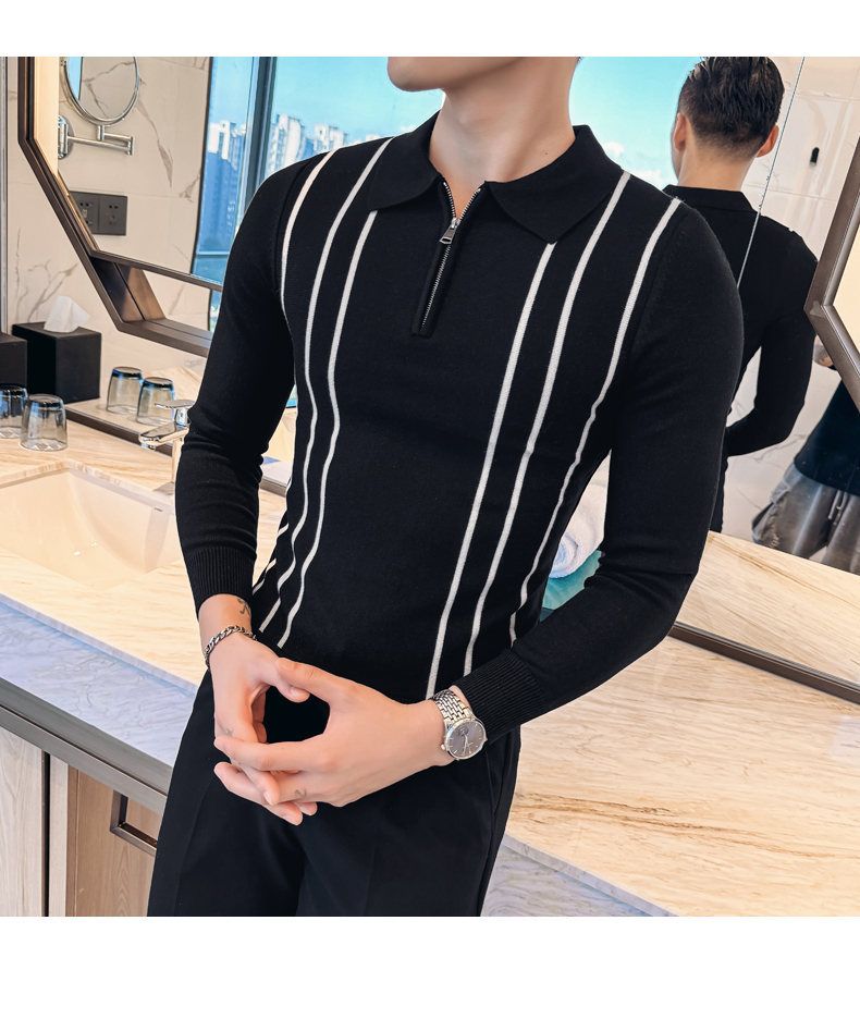 Herren-Poloshirt aus Strick, schmal geschnitten – Langarmshirt mit Retro-Streifen aus Baumwollmischung (M–3XL)_voghion.com