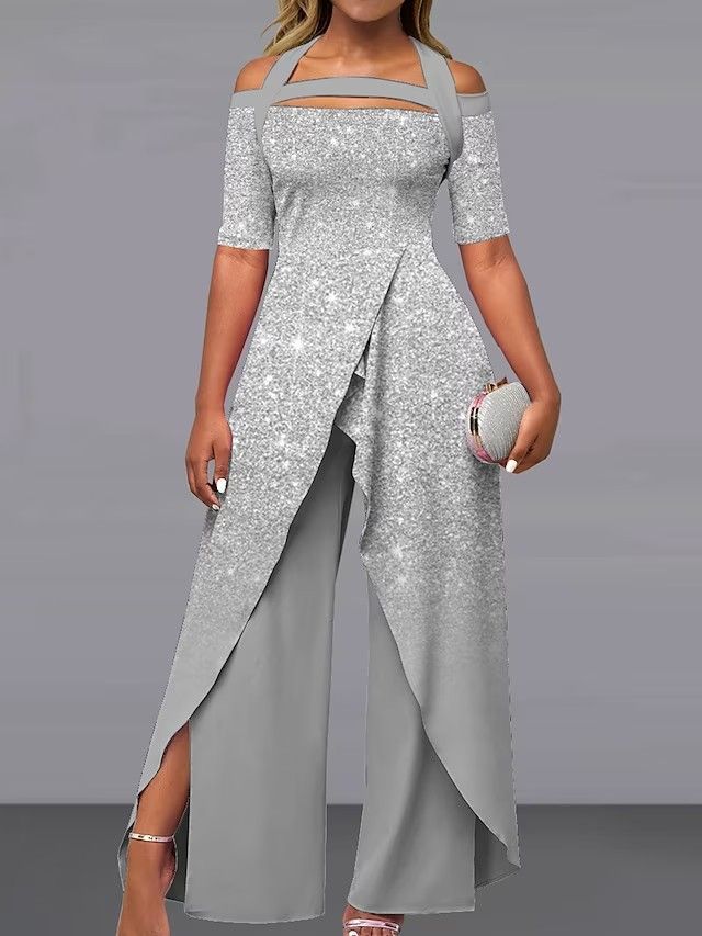 Combinaison sexy à col licou et épaules dénudées pour femmes, manches courtes, imprimée, décontractée, jambe large_voghion.com