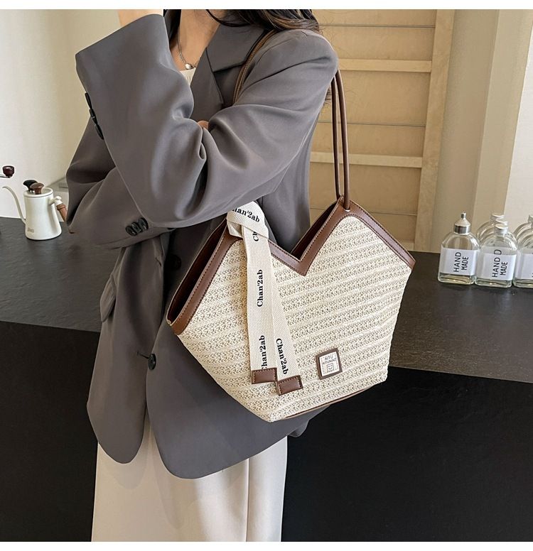 Damen-Einkaufstasche, große Kapazität, gewebte Strohtasche, große Kapazität, Umhängetasche für den Strandurlaub, Pendler-Einkaufstasche_voghion.com