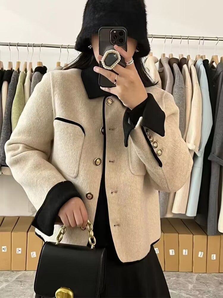 Kurzer Wollmantel für Damen – modische Oberbekleidung für Herbst und Winter, eleganter Blazer mit lockerer Passform, lässig-schickes Design, passt in kleine Größen, Grau und Beige_voghion.com
