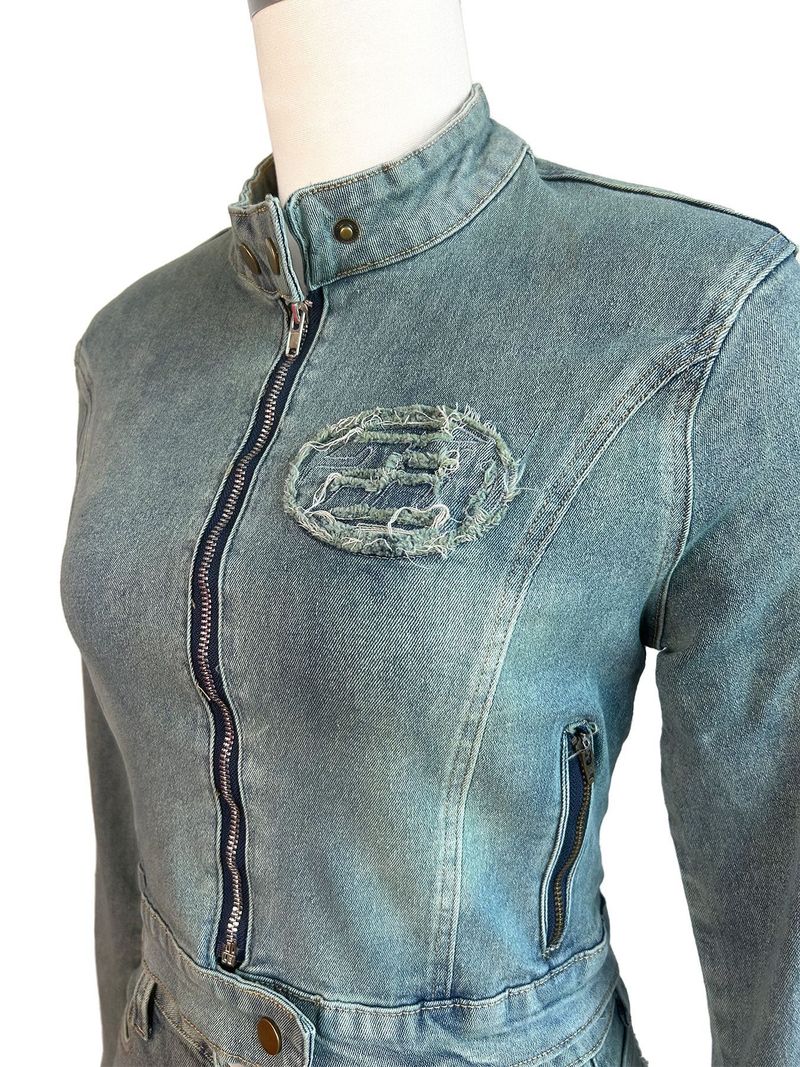 Abito da donna in denim elasticizzato con toppa digitale ricamata, completo due pezzi_voghion.com