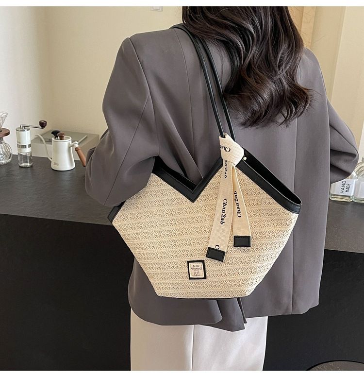 Damen-Einkaufstasche, große Kapazität, gewebte Strohtasche, große Kapazität, Umhängetasche für den Strandurlaub, Pendler-Einkaufstasche_voghion.com