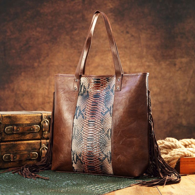 Women's Bag Retro Style Tote Snake Pattern Shoulder Handbag_voghion.com