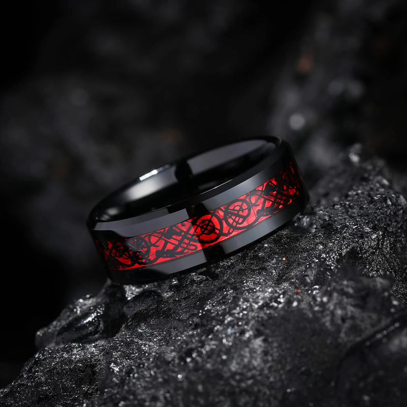 Vendite calde Moda 8mm Nero Tungsteno Nozze Celtico Drago Intarsiato Zircone Anelli In Acciaio Inossidabile per Uomo Anello Blu Fibra di Carbonio_voghion.com