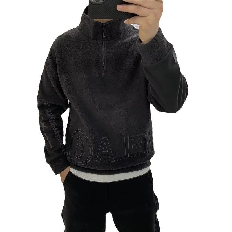 Giacca in pile casual sportiva autunnale con collo alto, da uomo, in pile con mezza cerniera, in pile di agnello, con cappuccio alla moda_voghion.com