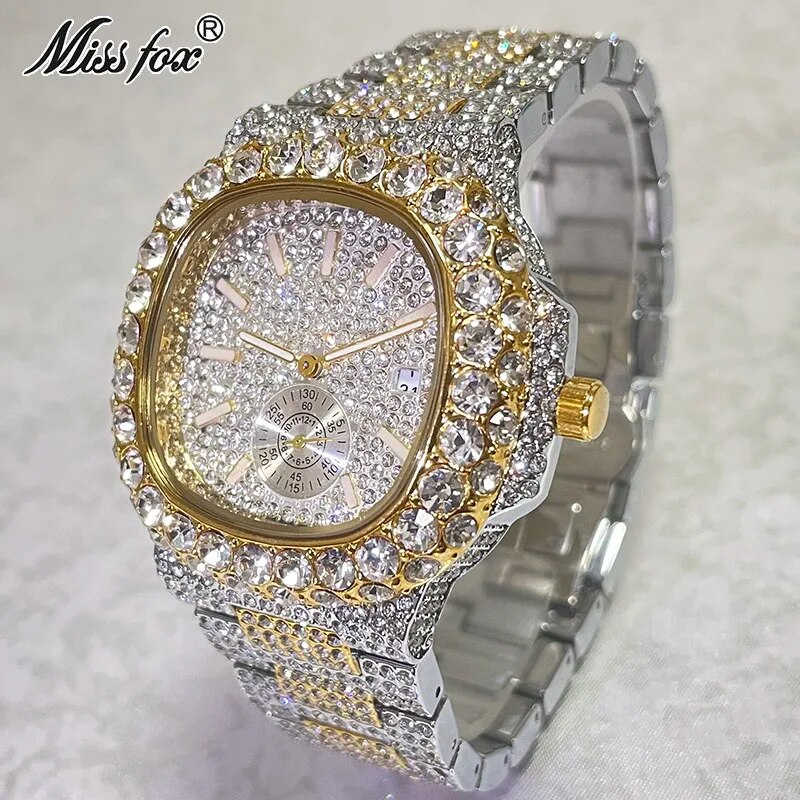 Hip Hop Marke MISSFOX Mode Iced Out Uhren Männer Voller Diamanten Gold Automatische Datum Uhr Stahl Wasserdichte Uhr Männlich_voghion.com