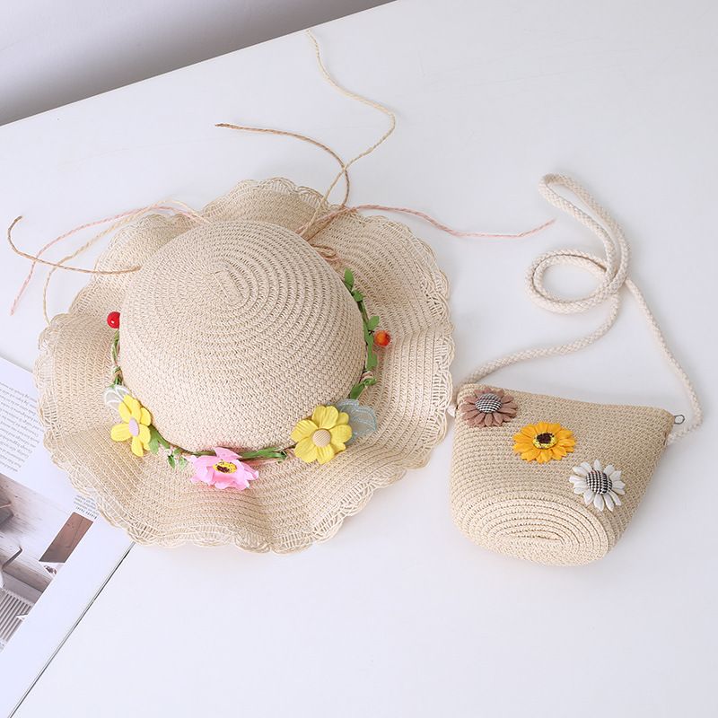 Børne stråpiges blomst, sommer åndbar bølgekant, skyggehat, beskyttelse af forældre-barn strand solhat taske_voghion.com