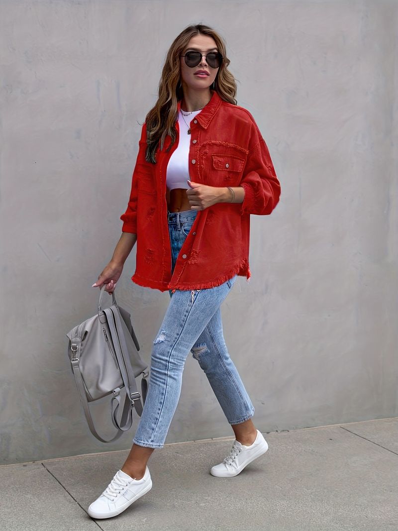 Giacca in denim effetto used da donna, oversize, a maniche lunghe, casual, in tinta unita_voghion.com