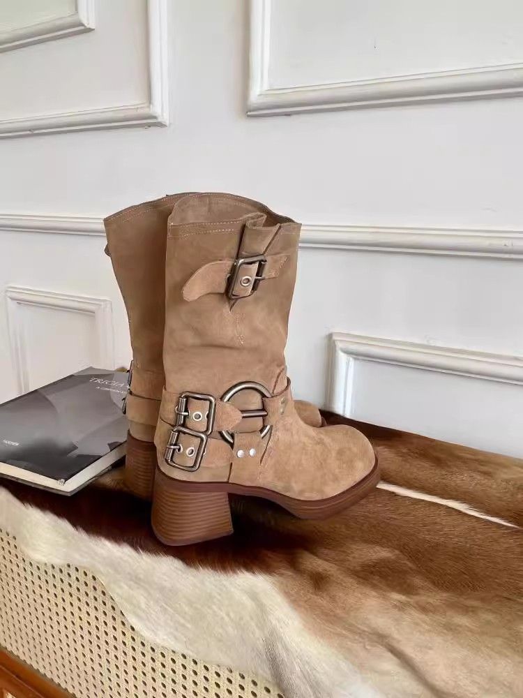 Matte Cowhide Western Cowboy Women's Genuine Leather Thick Heeled Short Boots, Square Toe Brown High Heels,_voghion.com